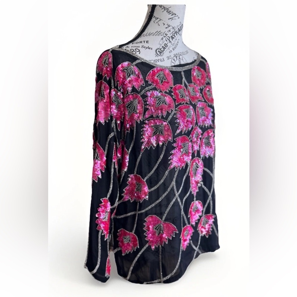 vintage 80s 90s shomax sequin black & pink beaded floral top gatsby party
